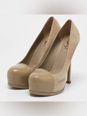 Yves Saint Laurent Beige Suede and Patent Platform Pumps